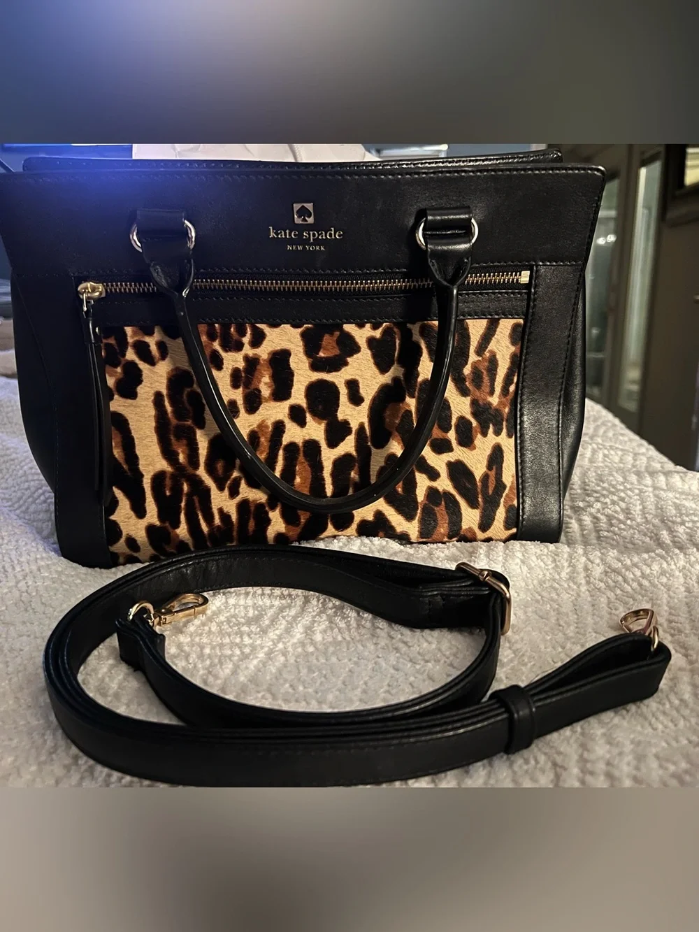 kate spade leopard print satchel in black and brown